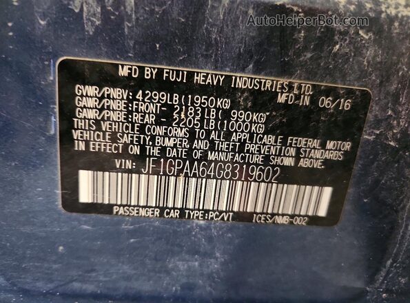 JF1GPAA64G8319602 2016 SUBARU IMPREZA Blue Սալոնի 360 աստիճան տեսք