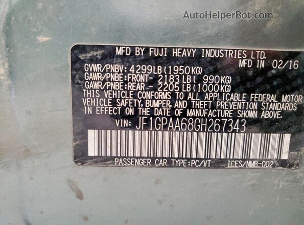 JF1GPAA68GH267343 2016 SUBARU IMPREZA Green VIN sticker view