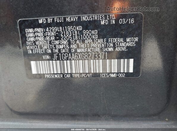 JF1GPAA6XG8273371 2016 SUBARU IMPREZA Gray Շարժիչի բաժամունքի տեսք