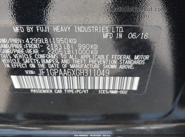 JF1GPAA6XGH311049 2016 SUBARU IMPREZA Black Engine compartment view