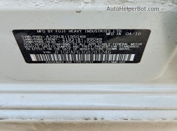 JF1GPAP63G8283246 2016 SUBARU IMPREZA White Vista del compartimento del motor