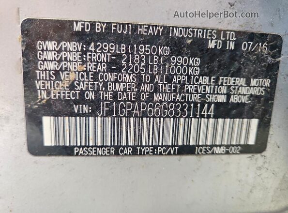 JF1GPAP66G8331144 2016 SUBARU IMPREZA Серебряный Панорамный вид салона 360°