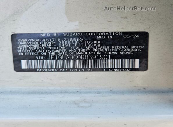 JF1GUABC0R8391901 2024 SUBARU IMPREZA White ძრავის განყოფილების ხედი