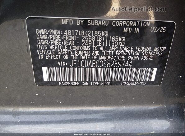 JF1GUABC0S8259744 2025 SUBARU IMPREZA Gray Vista del compartimento del motor