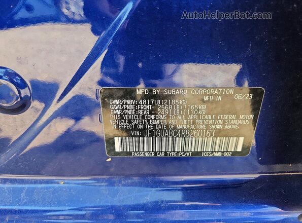 JF1GUABC4R8260163 2024 SUBARU IMPREZA Blue Vista de la etiqueta del VIN