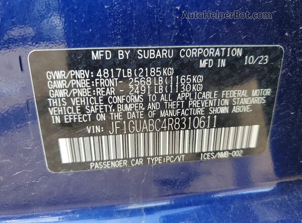 JF1GUABC4R8310611 2024 SUBARU IMPREZA Blue Շարժիչի բաժամունքի տեսք