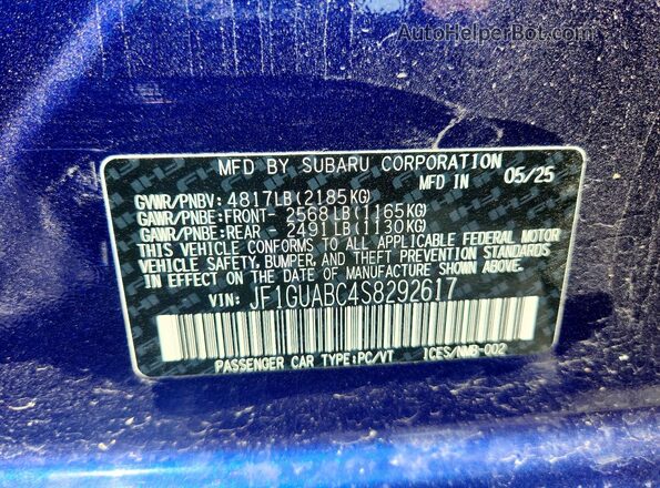 JF1GUABC4S8292617 2025 SUBARU IMPREZA Blue Vista de la etiqueta del VIN