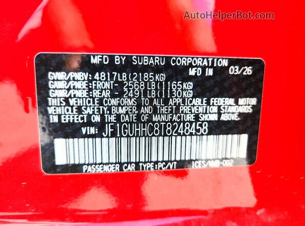 JF1GUHHC8T8248458 2026 SUBARU IMPREZA Красный Вид наклейки с VIN-кодом