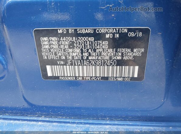 JF1VA1A62K9812450 2019 SUBARU WRX Blue Widok komory silnika