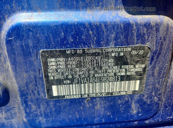 JF1VA1A64L9824813 2020 SUBARU WRX Blue ძრავის განყოფილების ხედი