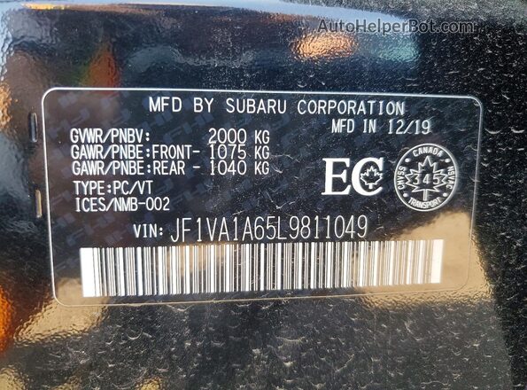 JF1VA1A65L9811049 2020 SUBARU WRX Black Widok naklejki z numerem VIN