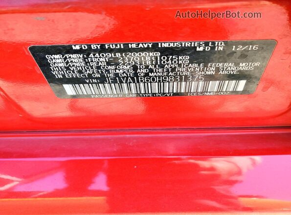 JF1VA1B60H9831375 2017 SUBARU WRX Red Widok komory silnika