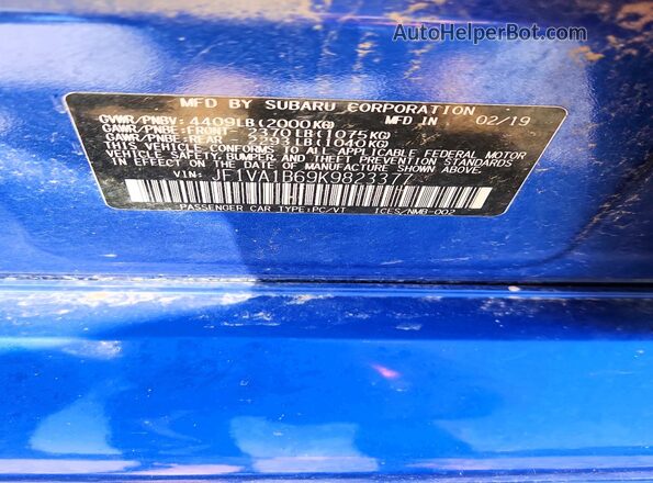 JF1VA1B69K9823377 2019 SUBARU WRX Blue Widok komory silnika