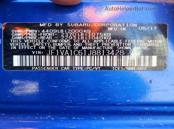 JF1VA1C61J8813428 2018 SUBARU WRX Blue VIN sticker view