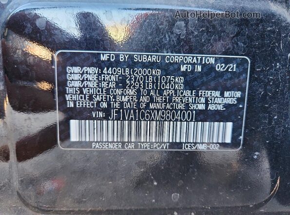 JF1VA1C6XM9804001 2021 SUBARU WRX Black VIN կոդի պիտակի տեսք