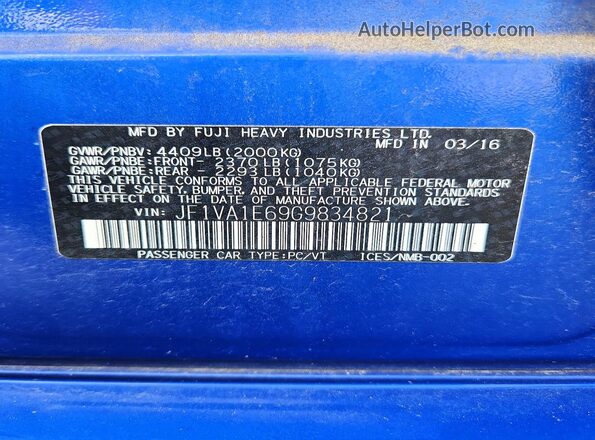 JF1VA1E69G9834821 2016 SUBARU WRX Синий Вид наклейки с VIN-кодом