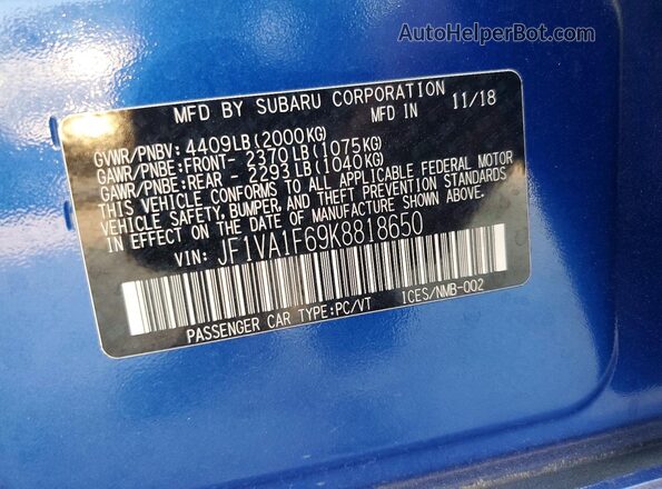 JF1VA1F69K8818650 2019 SUBARU WRX Blue Widok komory silnika