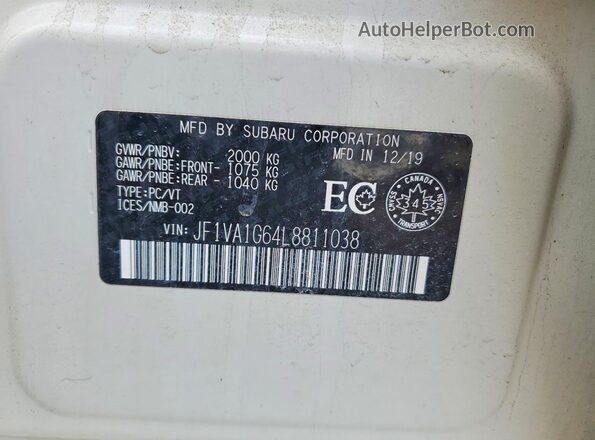 JF1VA1G64L8811038 2020 SUBARU WRX White VIN კოდის სტიკერის ხედი