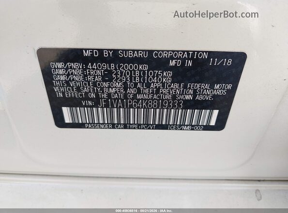 JF1VA1P64K8819333 2019 SUBARU WRX White Вид підкапотного простору