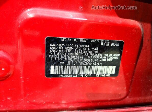 JF1VA2M6XG9834205 2016 SUBARU WRX Red Вид підкапотного простору