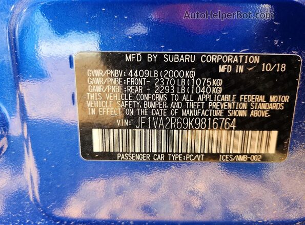 JF1VA2R69K9816764 2019 SUBARU WRX Blue Widok komory silnika
