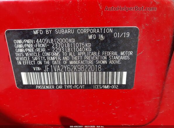 JF1VA2Y62K9822018 2019 SUBARU WRX STI Красный Вид подкапотного пространства