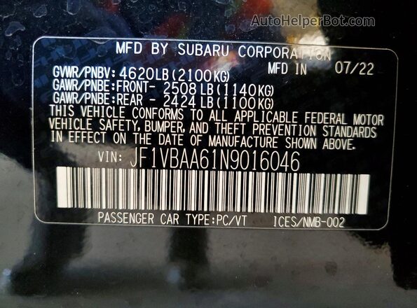 JF1VBAA61N9016046 2022 SUBARU WRX Black Вид наклейки з VIN-кодом