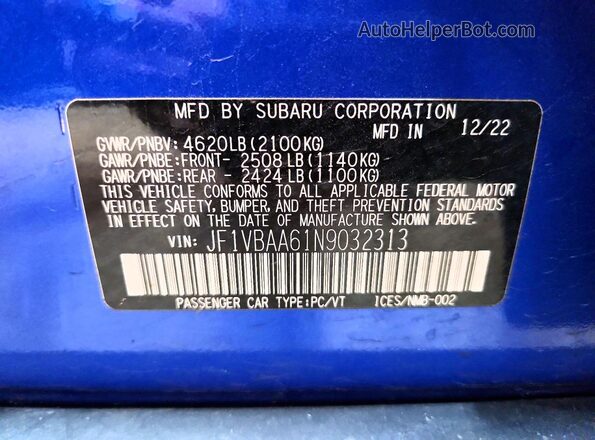 JF1VBAA61N9032313 2022 SUBARU WRX Blue Widok naklejki z numerem VIN