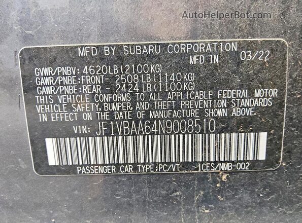 JF1VBAA64N9008510 2022 SUBARU WRX Gray ძრავის განყოფილების ხედი