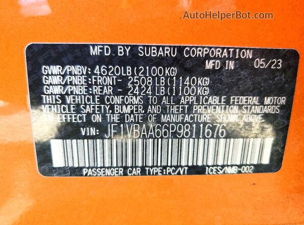 JF1VBAA66P9811676 2023 SUBARU WRX Orange VIN კოდის სტიკერის ხედი