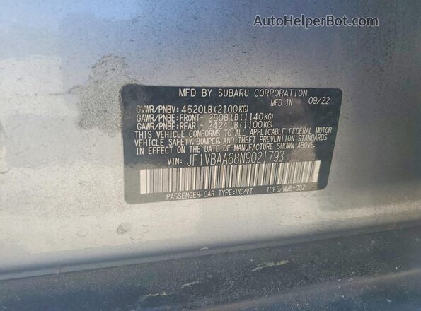 JF1VBAA68N9021793 2022 SUBARU WRX Gray VIN კოდის სტიკერის ხედი