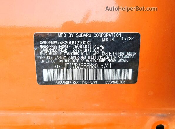 JF1VBAB68N8015741 2022 SUBARU WRX Orange 