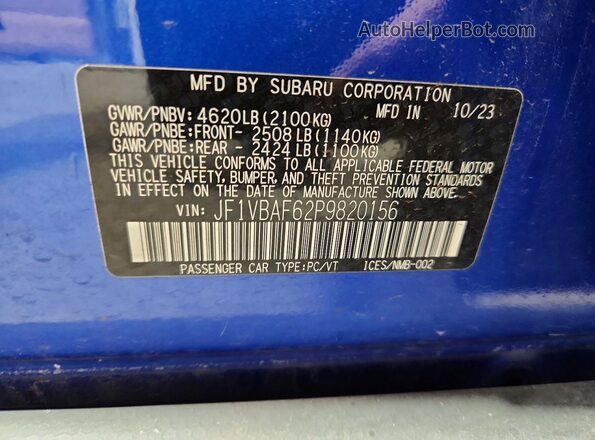 JF1VBAF62P9820156 2023 SUBARU WRX Blue Vista del compartimento del motor