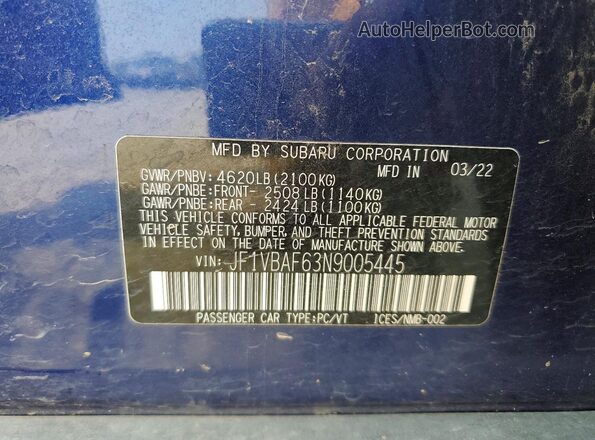 JF1VBAF63N9005445 2022 SUBARU WRX Blue Вид підкапотного простору