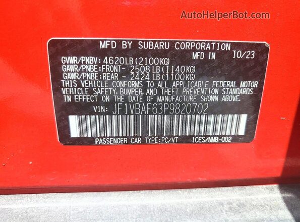 JF1VBAF63P9820702 2023 SUBARU WRX Красный Вид подкапотного пространства