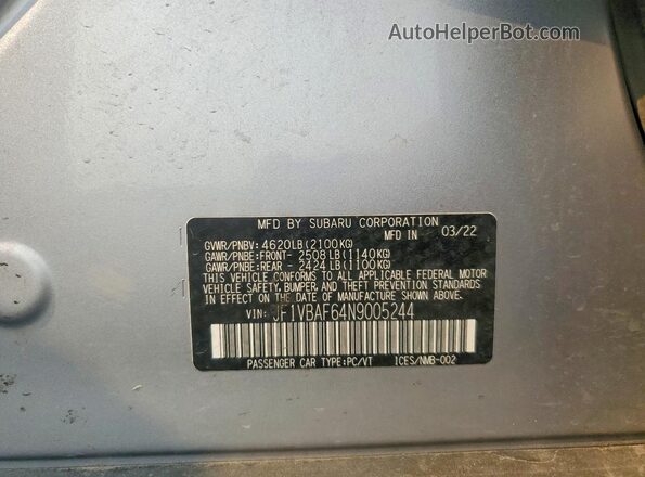 JF1VBAF64N9005244 2022 SUBARU WRX Silver Вид підкапотного простору
