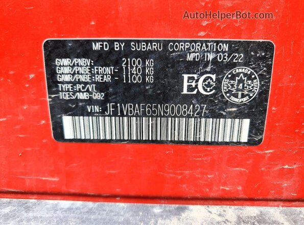 JF1VBAF65N9008427 2022 SUBARU WRX Red Widok naklejki z numerem VIN
