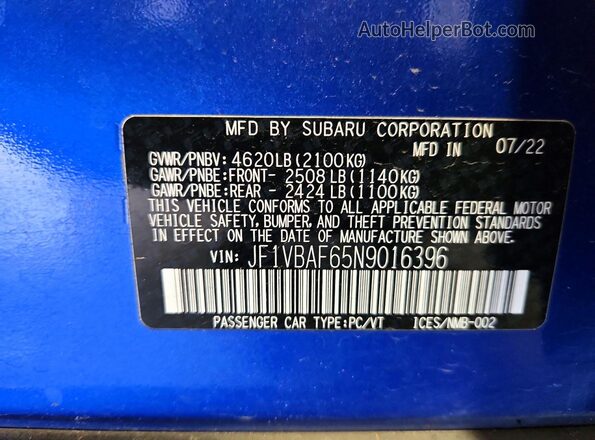 JF1VBAF65N9016396 2022 SUBARU WRX Blue VIN კოდის სტიკერის ხედი