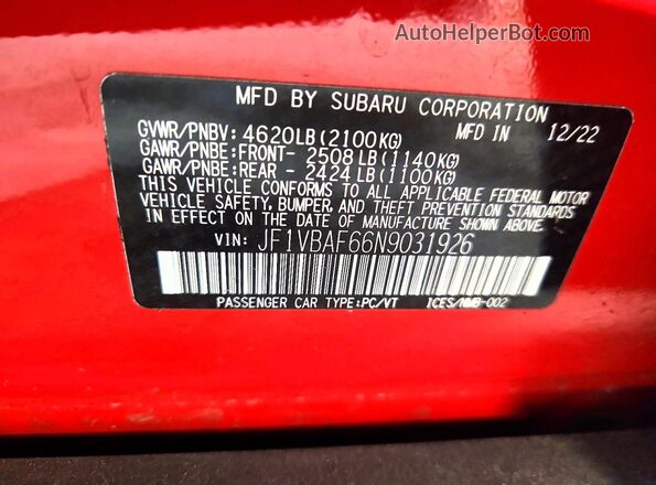 JF1VBAF66N9031926 2022 SUBARU WRX Розовый Вид наклейки с VIN-кодом