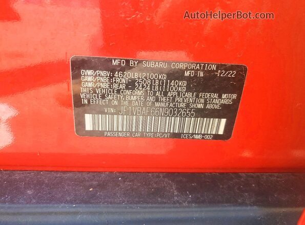 JF1VBAF66N9032655 2022 SUBARU WRX Red ძრავის განყოფილების ხედი