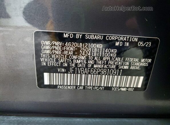 JF1VBAF66P9810911 2023 SUBARU WRX Charcoal VIN կոդի պիտակի տեսք