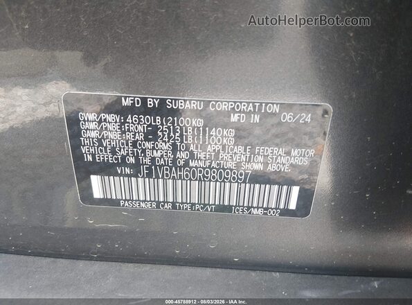 JF1VBAH60R9809897 2024 SUBARU WRX Gray ძრავის განყოფილების ხედი