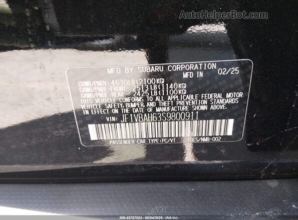 JF1VBAH63S9800911 2025 SUBARU WRX Black Շարժիչի բաժամունքի տեսք