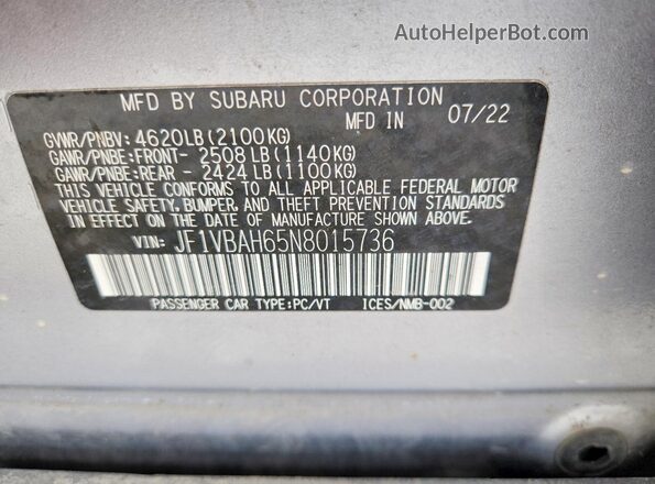 JF1VBAH65N8015736 2022 SUBARU WRX Silver VIN կոդի պիտակի տեսք