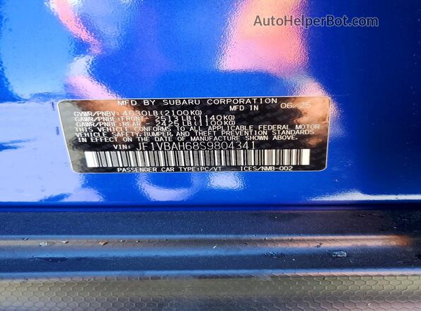 JF1VBAH68S9804341 2025 SUBARU WRX Синий Вид подкапотного пространства