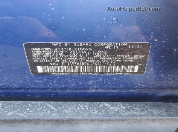 JF1VBAH6XR9819773 2024 SUBARU WRX Blue Շարժիչի բաժամունքի տեսք