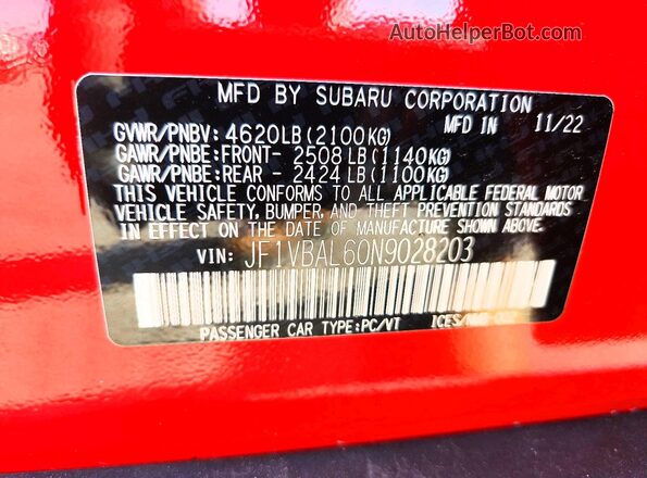JF1VBAL60N9028203 2022 SUBARU WRX Красный Вид подкапотного пространства