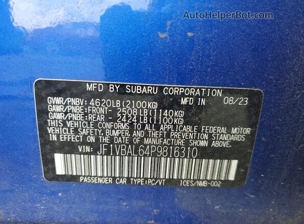 JF1VBAL64P9816310 2023 SUBARU WRX Blue ძრავის განყოფილების ხედი