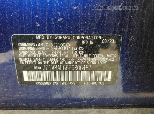 JF1VBAL66P9806457 2023 SUBARU WRX Blue Vista de la etiqueta del VIN