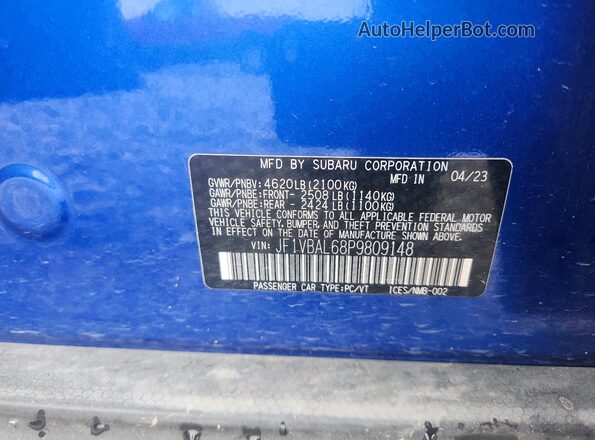 JF1VBAL68P9809148 2023 SUBARU WRX Blue Շարժիչի բաժամունքի տեսք